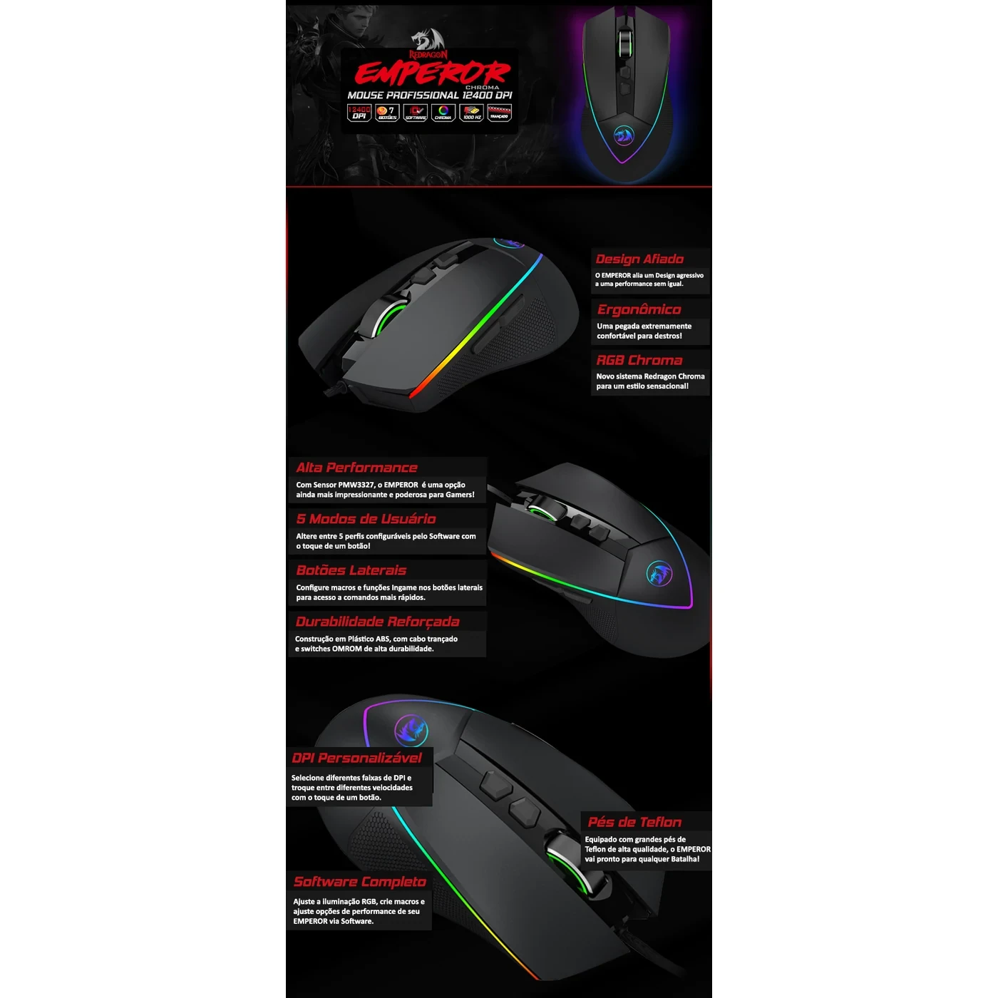 Mouse Gamer Emperor RGB Pto