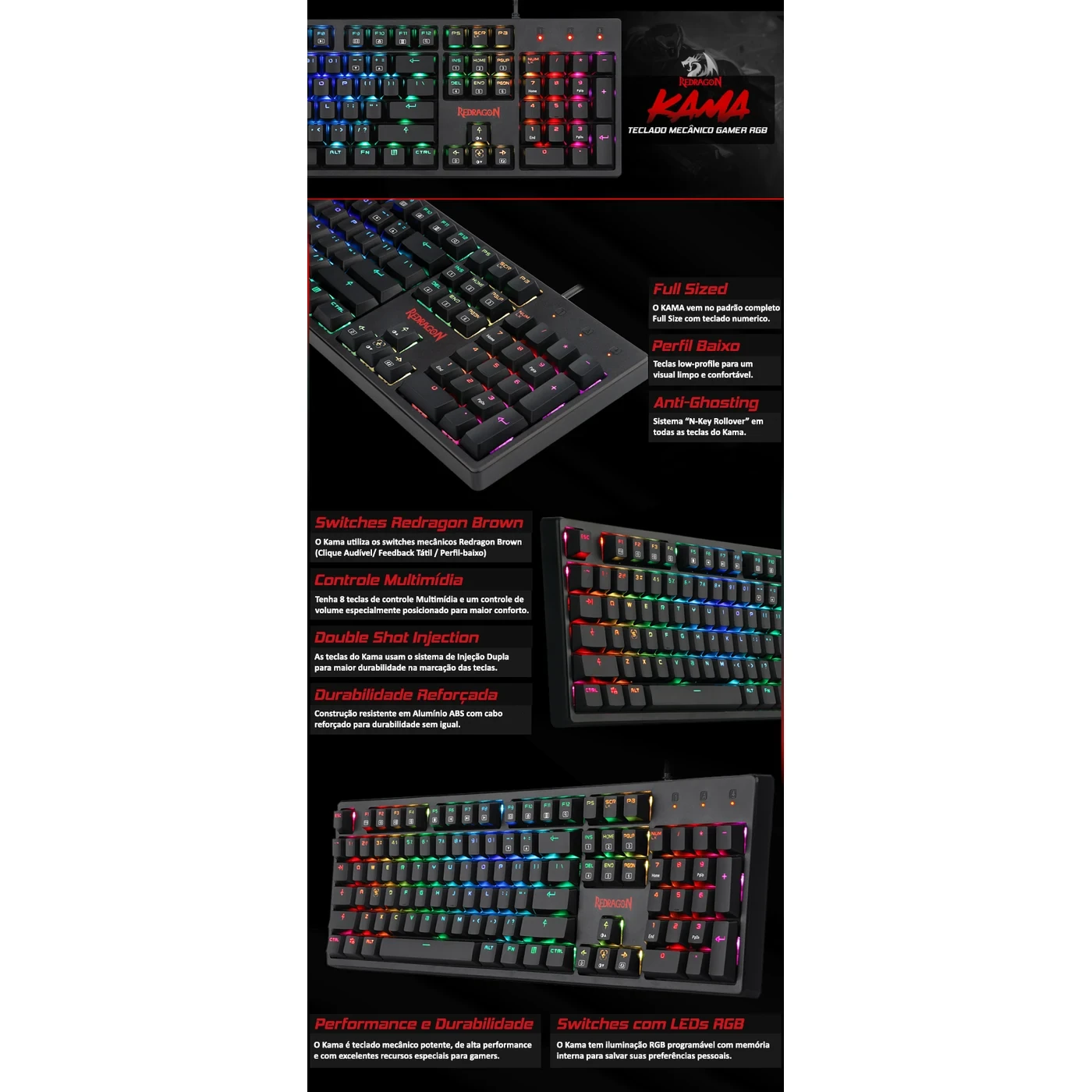 Teclado Mecânico Gamer Kama RGB Pto Switch Azul ABNT2
