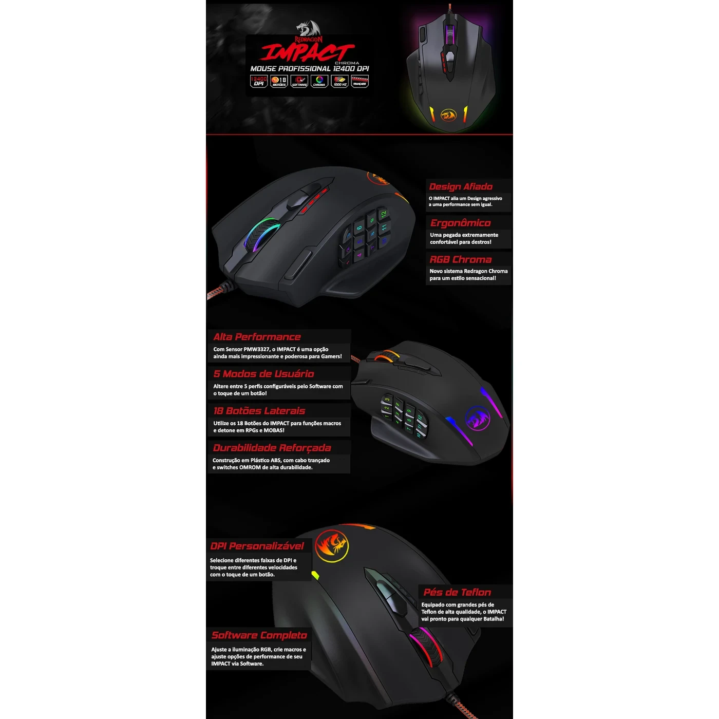 Mouse Gamer Impact RGB Preto