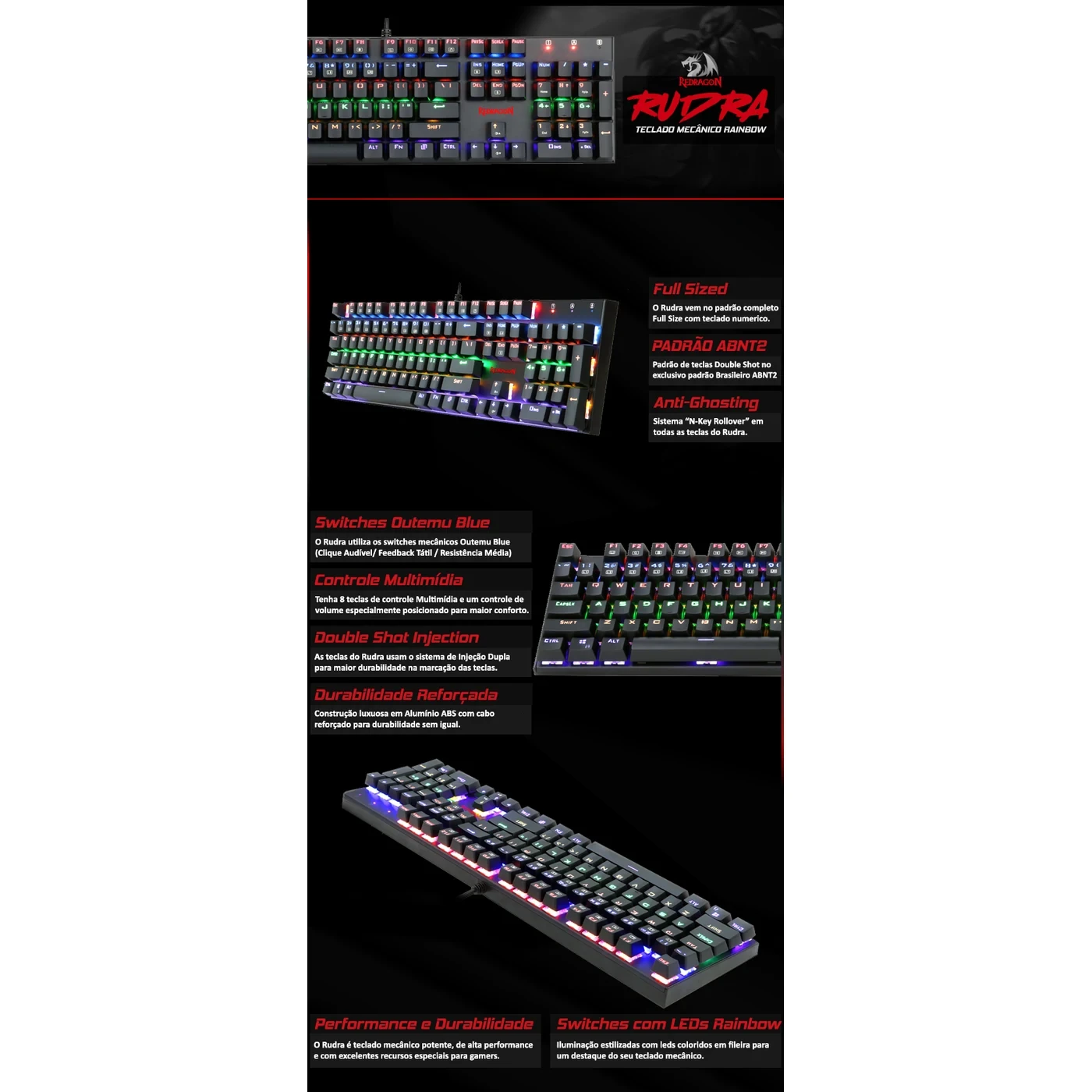 Teclado Mecânico Rudra Rainbow Switch Azul
