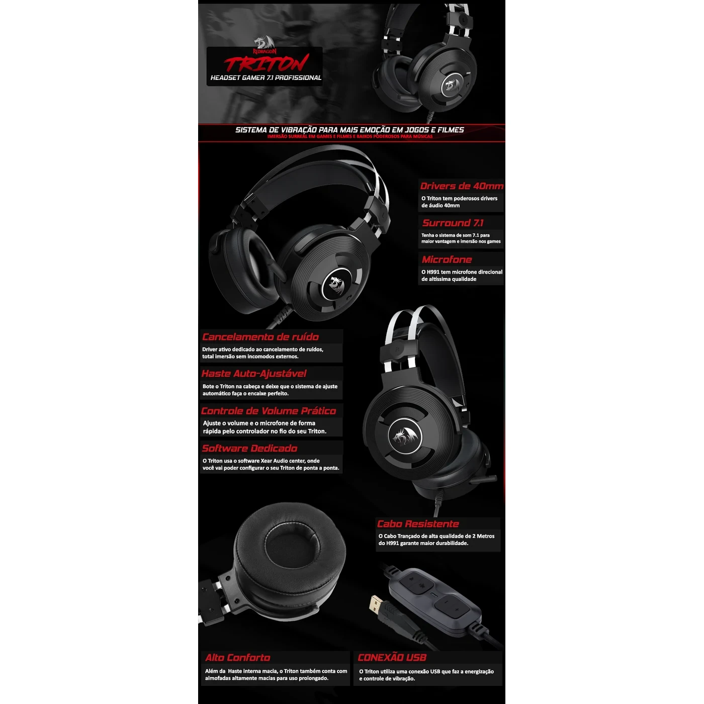 Headset Gamer Redragon Triton 7.1, Usb, Preto - H991