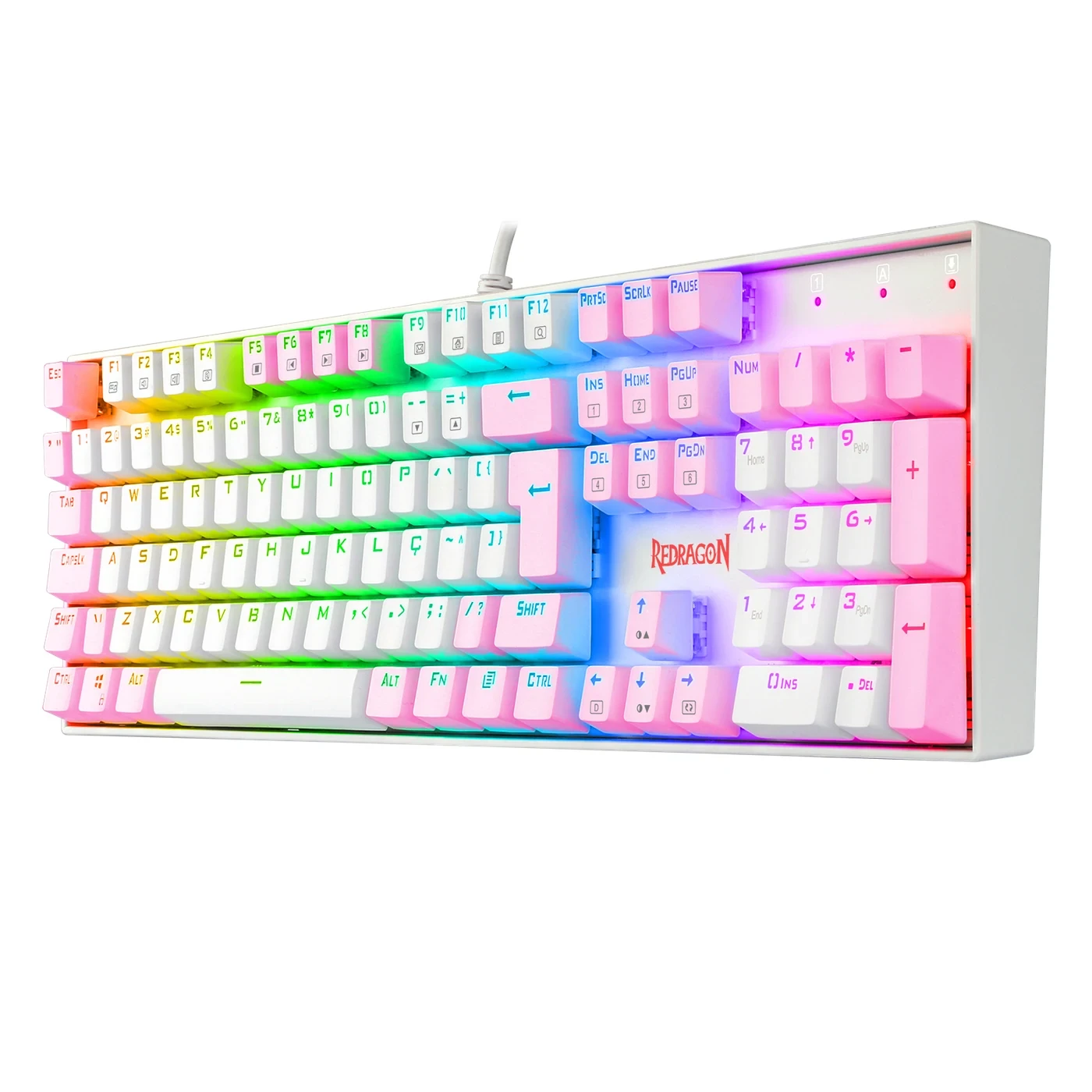 Teclado Mecânico Gamer Redragon Mitra Branco E Rosa RGB Com Switch Azul