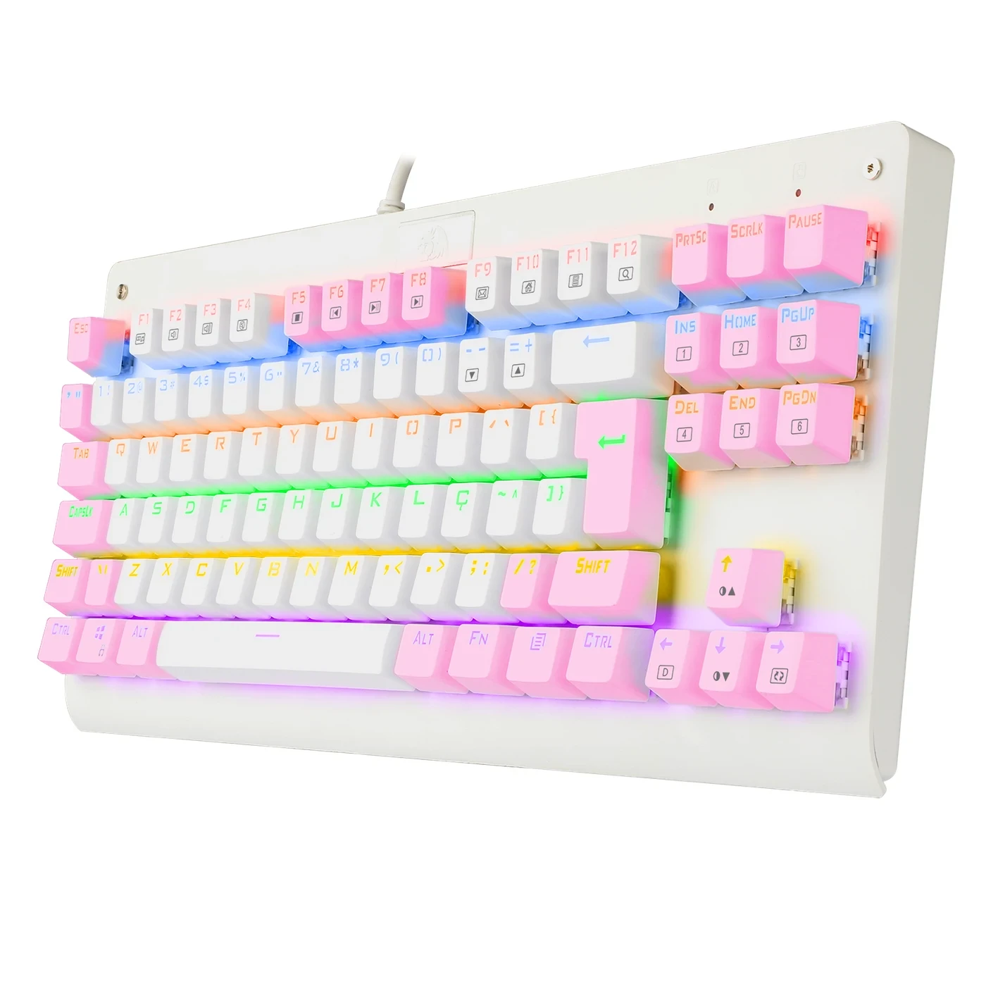 Teclado Mecânico Gamer Dark Avenger Rainbow Branco Com Rosa Switch Azul ABNT2