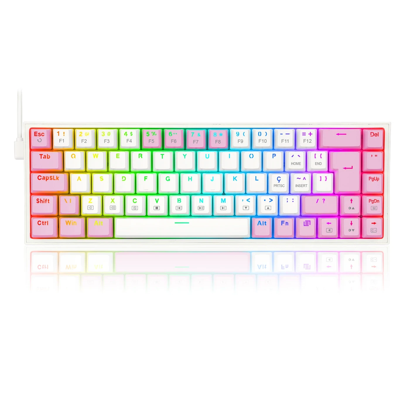 Teclado Mecânico Gamer Castor RGB Branco Com Rosa Switch Azul ABNT2