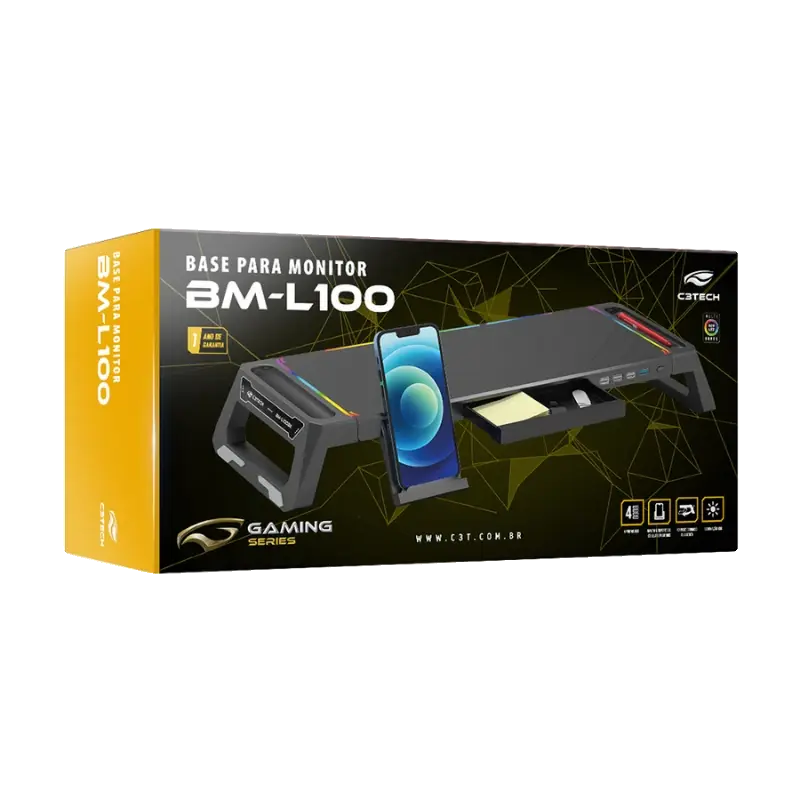 SUPORTE PARA MONITOR 4 USB BM-L100BK PRETO/RGB C3TECH
